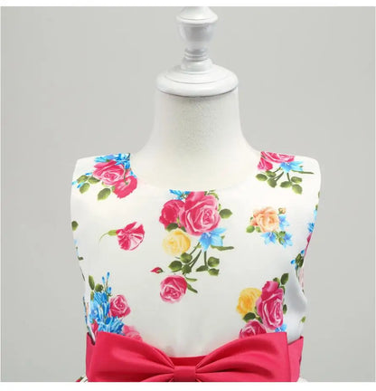 Summer Girls Rose Print Dress Princess Wedding Birthday Party Frocks Satin Children Vestidos Dresses For Girl Christmas Clothing