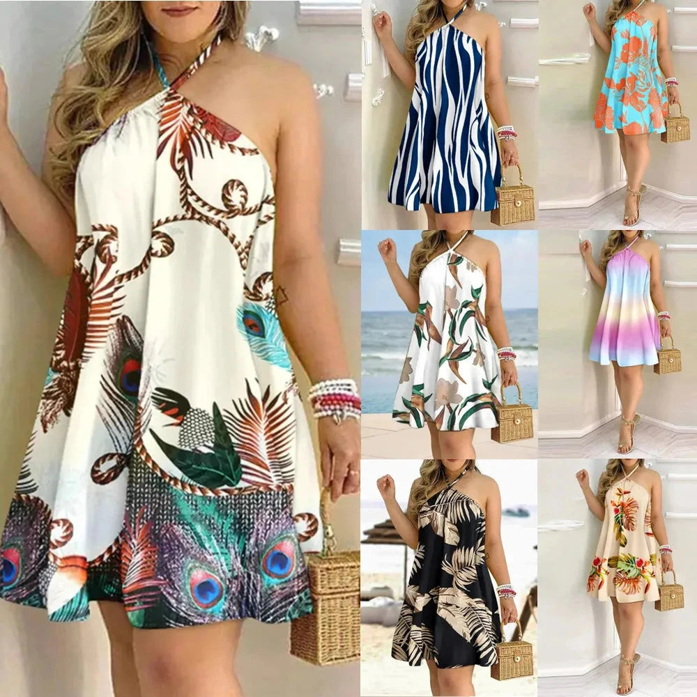 Tropical Print Halter Neck Dress, Vacation Style Backless Dress For Spring & Summer, Women's Clothing - AMULET RING STORE