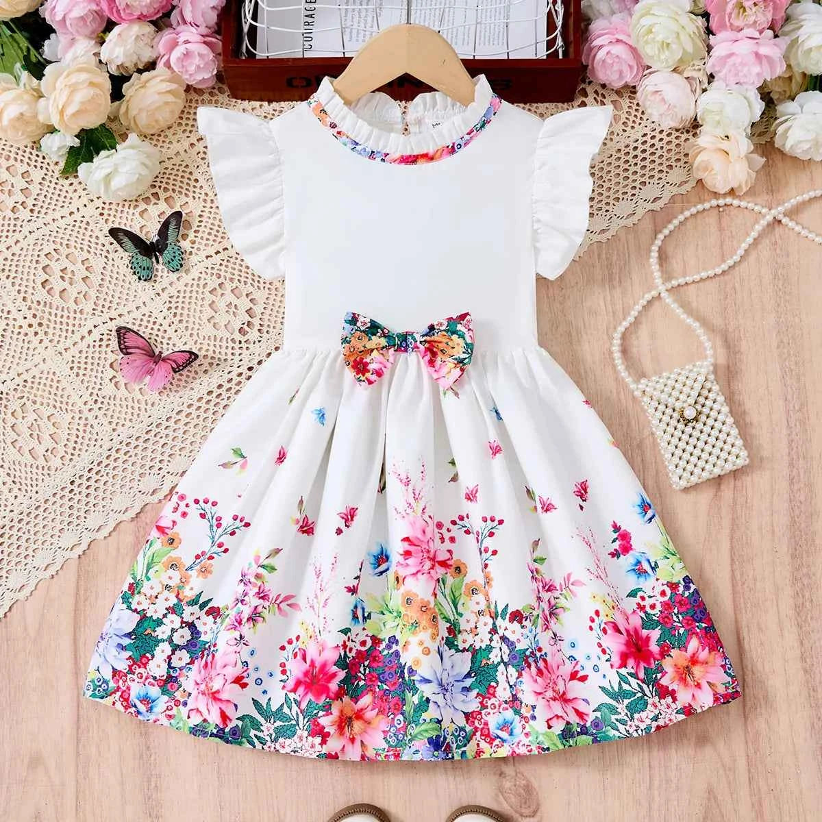 New Kids Girl Dress Summer Floral with Bow Fashion White Vestidos Short Sleeve Children Clothing Outfits Casual Printed  Dresses