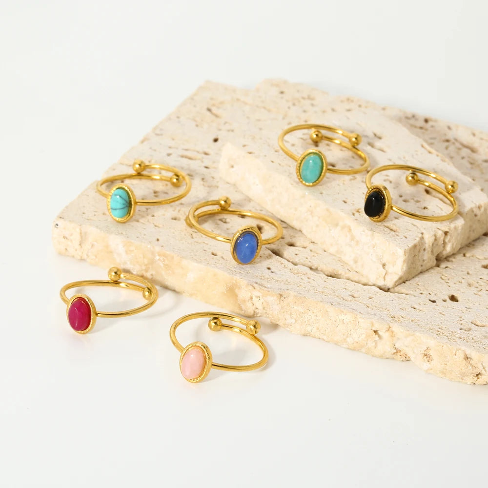 Stainless steel 18k Gold plated Minimalist ring Natural stone Obsidian Adjustable Stackable ring for Women