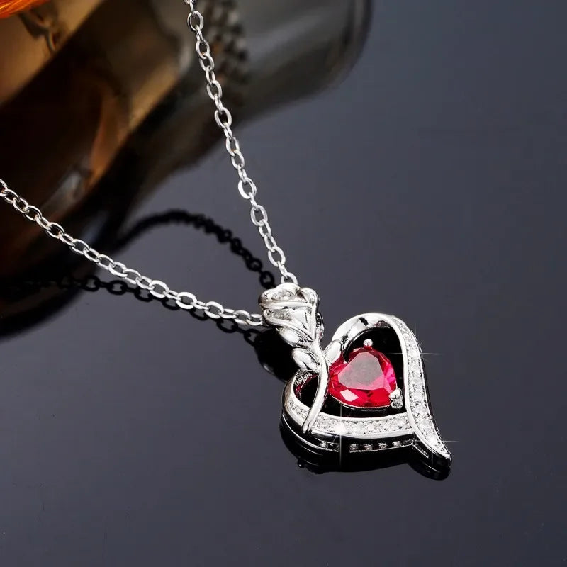 CAOSHI Gorgeous Rose Pendant Necklace for Women Shining Red Heart Zirconia Accessory Fashionable Ｂirthday Ｗedding Jewelry Gifts - AMULET RING STORE