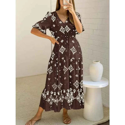 Plus Size Womens Summer Loose Boho Flowy Wrap V Neck 3/4 Sleeve Floral Print Slit Beach Wedding Guest Long Maxi Dresses Vistidos