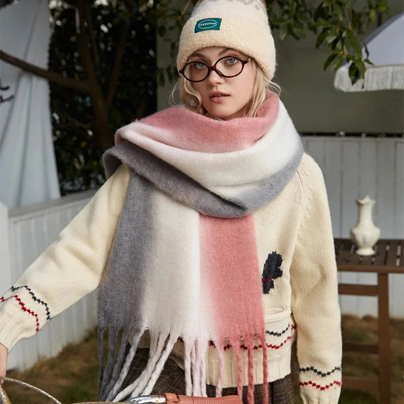 New Fashion Mohair Stripted Tassel Scarf Women Autumn Winter Korean Version Thickened Warm Soft Female Shawl Colorful Muffler