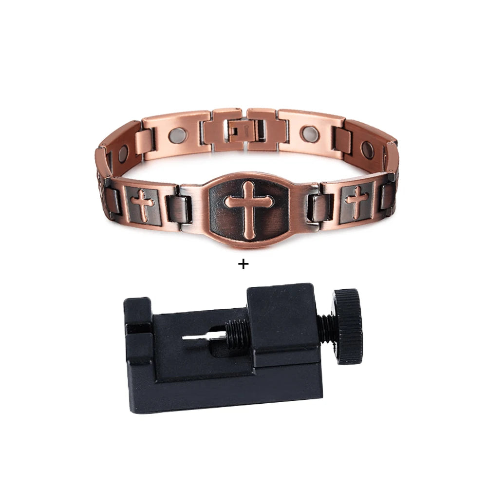 Cross Magnetic Bracelet Copper Energy 12mm Wristband Magnetic Bracelet Men Chain Link Vintage Masonic Ethnic Tribal Jewelry Men