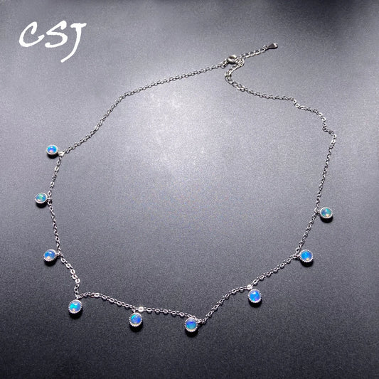 Trendy Natural White Opal Necklace 925 Silver Colorful Gemstone 5mm 9pcs for Women Party October Birthstone Opal Jewelry Gift