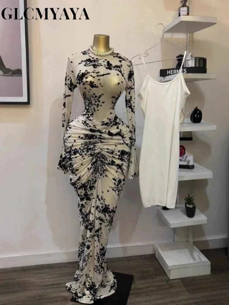 CM.YAYA Women Long Sleeve Stacked Mesh See Though with Lining Bodycon Long Dress 2025 Autumn Evening Birthday Sexy Party Dresses