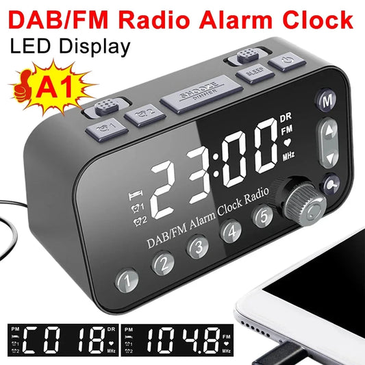 A1 Digital Desktop Alarm Clock Dual USB Charging Port LED Display DAB FM Radio