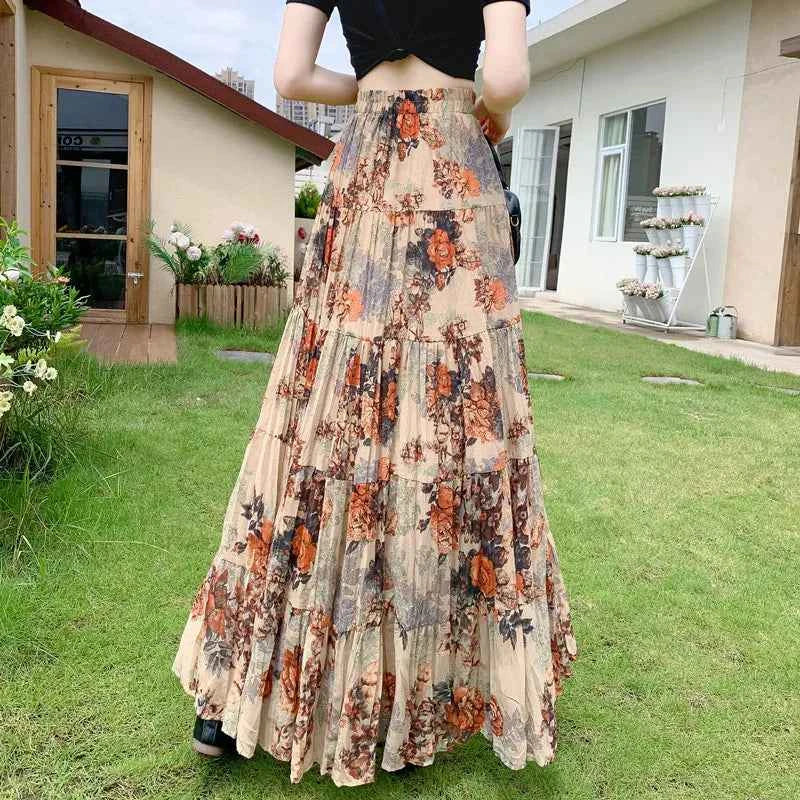Retro Floral Pleated to Ankle f Skirt Women's Draped High Waist Midi A-Line Skirt Polyester Fiber Spring Season