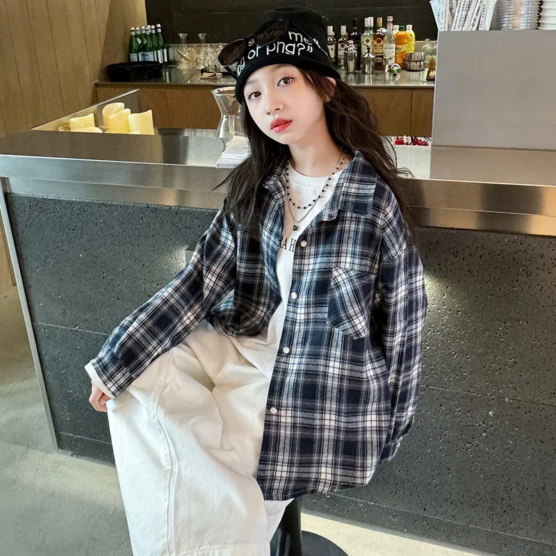 2025 Spring Girls Plaid Shirt Comfort Fashion Teen Kids Tops Clothes Casual All-match Long Sleeve Children Blouse 10 12 13 Years