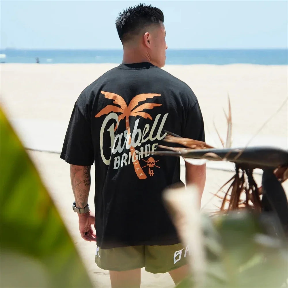 Barbell Brigade PALM TREE TEE Muscle Fitness Casual T-shirt Summer Men's Athleisure Workout Shirts Gym Sport Unisex Shirt Tops - AMULET RING STORE