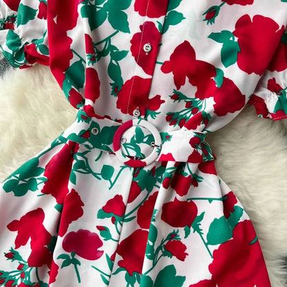 YuooMuoo Women Dress 2025 Summer Fashion Lady Elegant Vintage Floral Print Long Shirt Dress with Belt Vintage Party Robe Femme