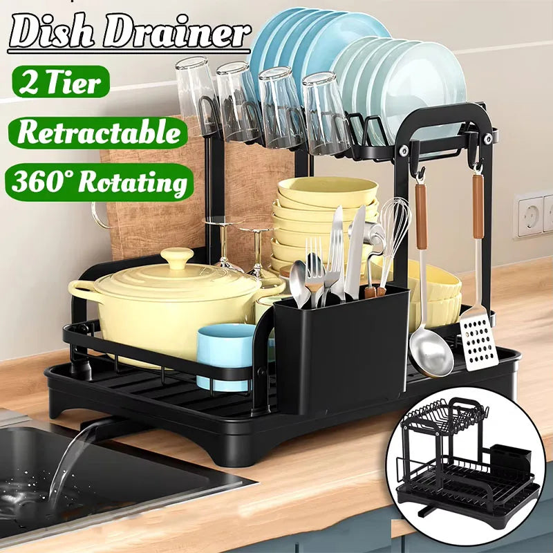 New 360° rotating storage rack double-layer kitchen tableware drying rack with drain tableware storage rack for tableware - AMULET RING STORE