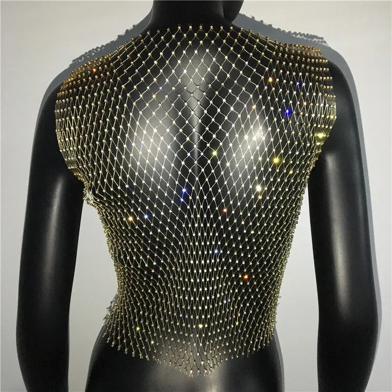 Women's Fishnet Rhinestone Crop Top 2024 Summer Sexy Mesh High Elastic Black White Shirt Net See Through Rave Diamond Tank Top - AMULET RING STORE