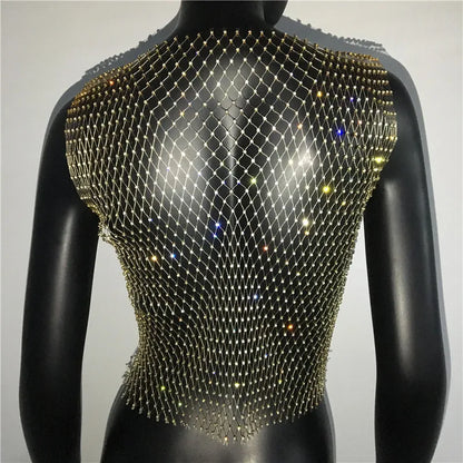 Women's Fishnet Rhinestone Crop Top 2024 Summer Sexy Mesh High Elastic Black White Shirt Net See Through Rave Diamond Tank Top - AMULET RING STORE