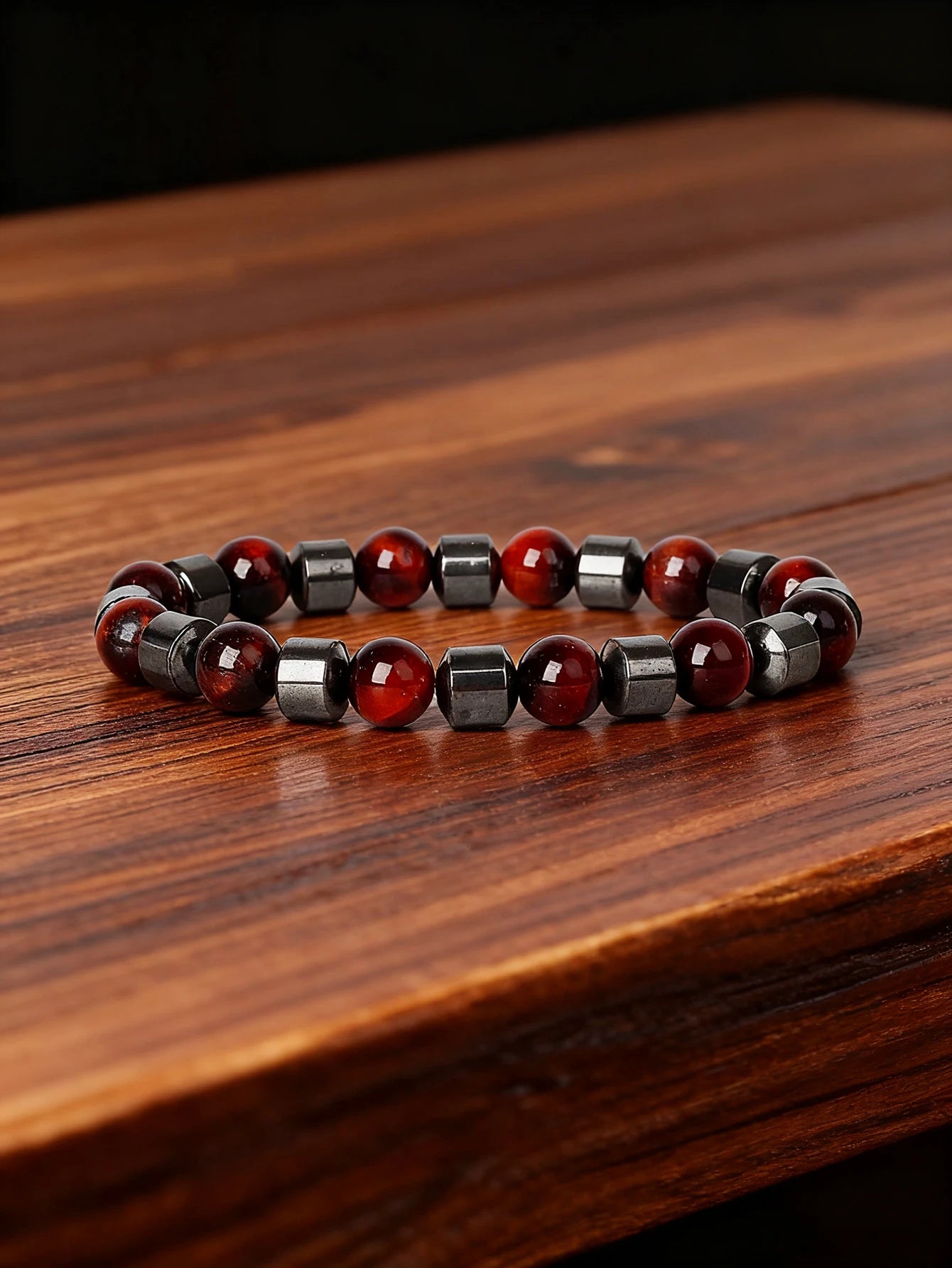 Hematite & Red Tiger's Eye Bracelet Men Natural Stone Cylinder Bead for Energy Protection Reiki Charm Courage Jewelry Women Gift