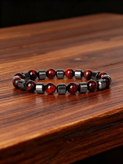 Hematite & Red Tiger's Eye Bracelet Men Natural Stone Cylinder Bead for Energy Protection Reiki Charm Courage Jewelry Women Gift