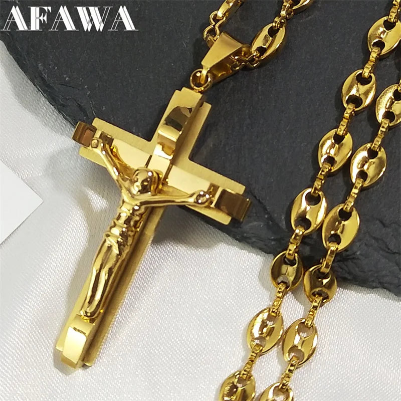 Jesus Cross Crucifix Pendant Necklace for Men Stainless Steel Gold Color Christian Coffee Bean Chain Jewelry croix chrétienne - AMULET RING STORE