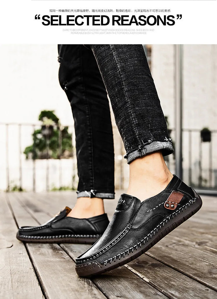 New Handmade Leather Men Shoes Casual Comfortable Men Loafers Slip On Leather Shoes Men Flats Hot Sale Outdoor  Walking Shoes