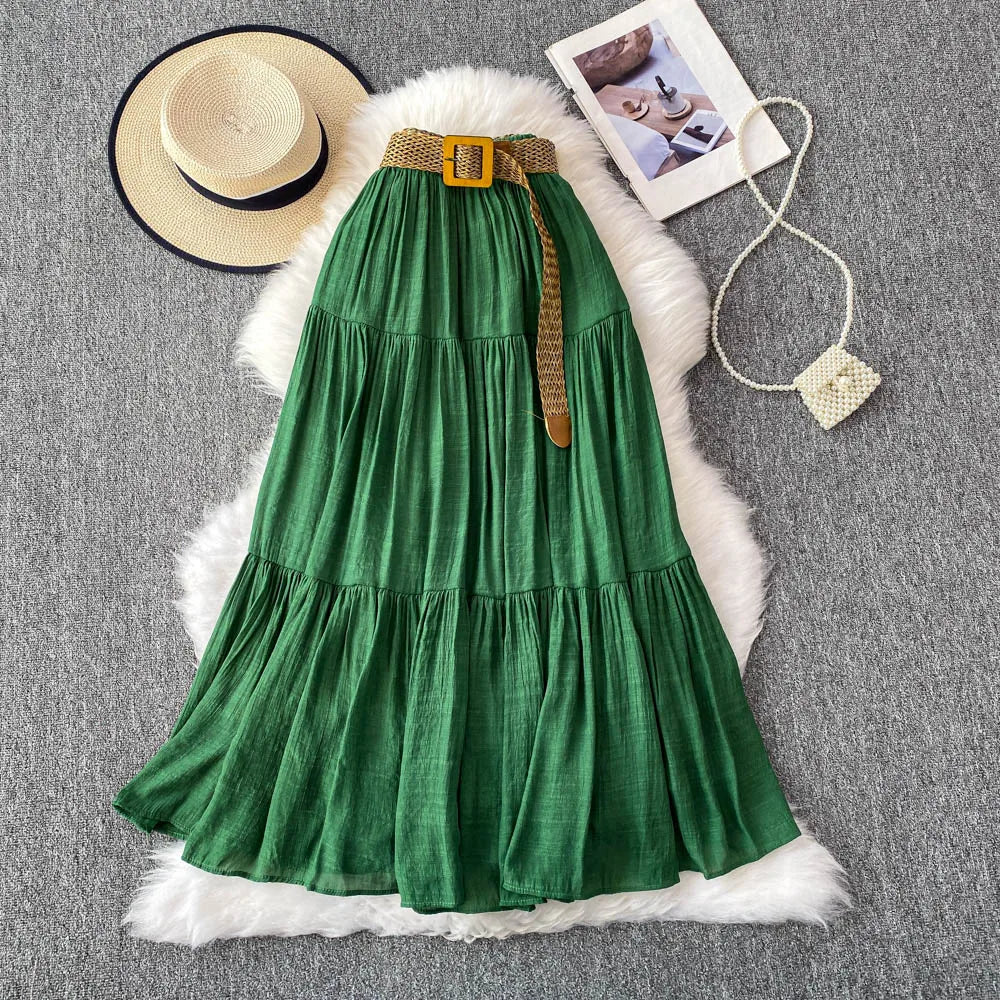 White High Waist A-Line Midi Skirt Women's Summer Casual Flared Cake Skirt Korean Sle Baking Poer Skirt for Young Women