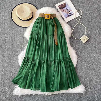 White High Waist A-Line Midi Skirt Women's Summer Casual Flared Cake Skirt Korean Sle Baking Poer Skirt for Young Women