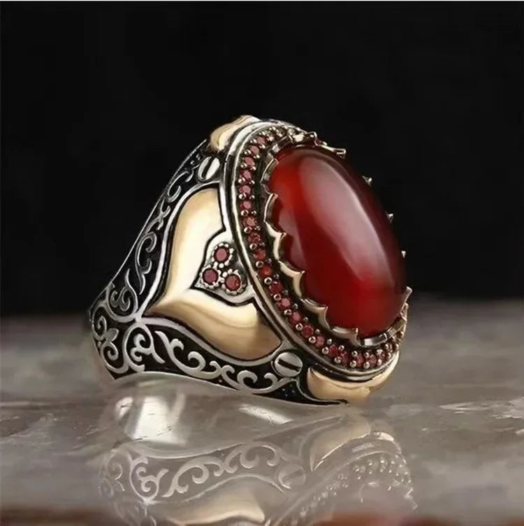 Red Emerald Men's Ring Turkey Retro Domineering Personality Ring