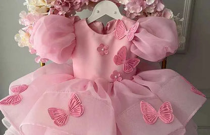 Baby Girls Dress Pink Bubble Sleeve Butterfly Dress Pageant Dresses for Toddler Girls Official Christmas Dinner Clothes