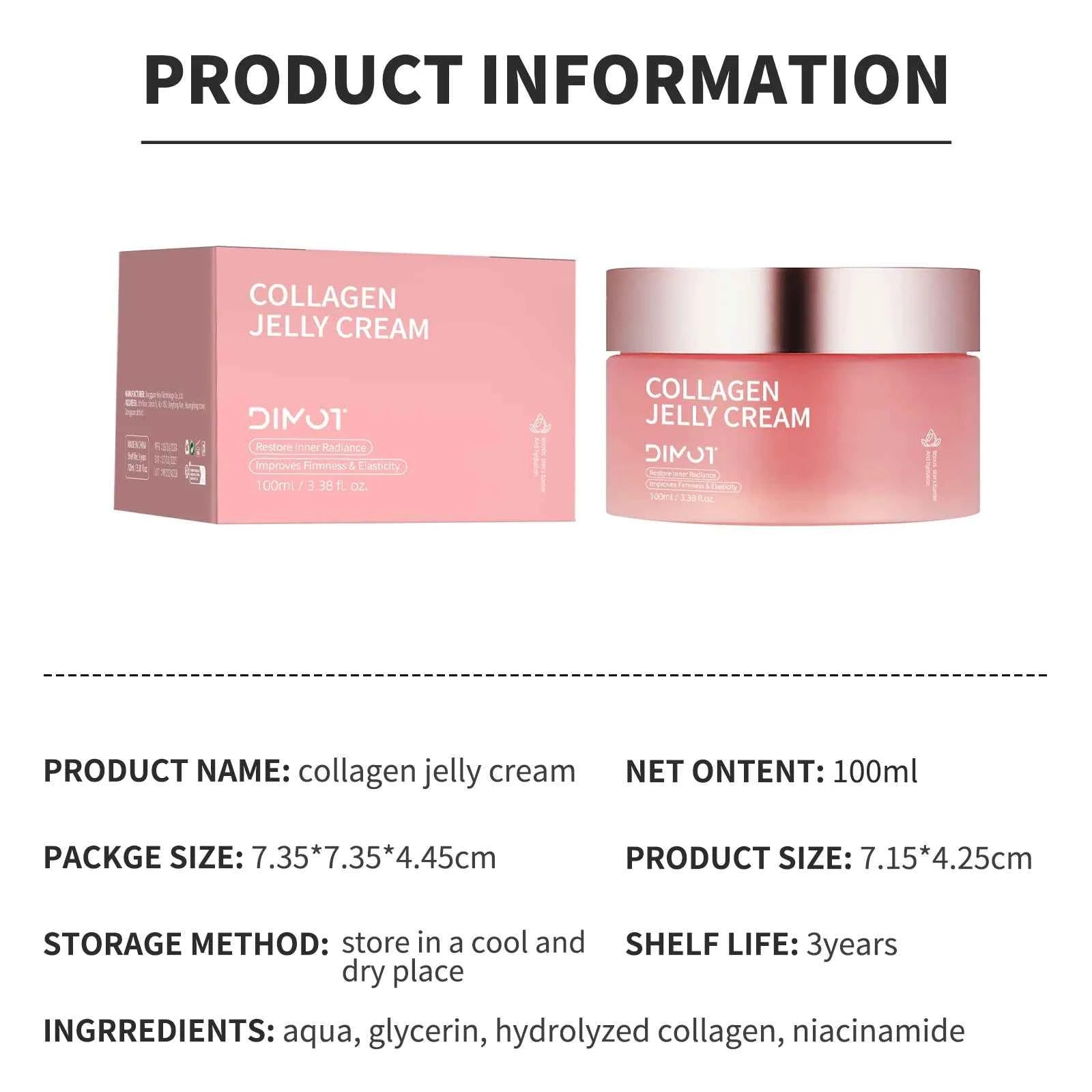 DIMOT Collagen Jelly Cream Niacinamide Tightening Soothing Moisturizing Anti-Aging Firmness Hydration Skincare Face Gel 100ml