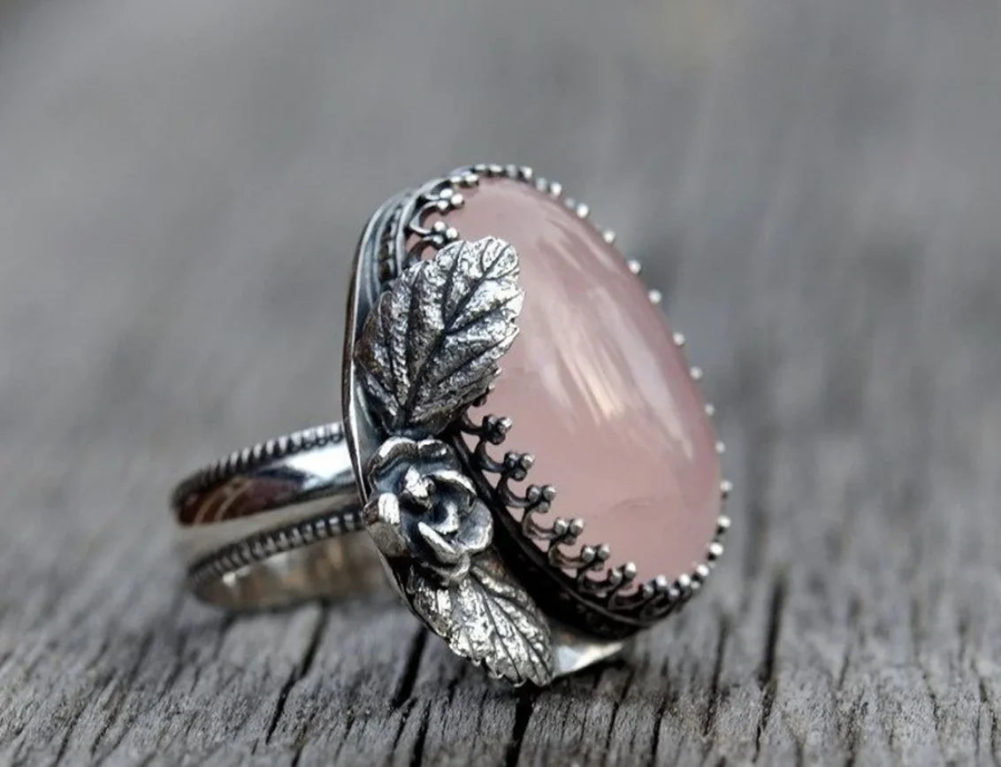 Vintage Women's Pink Gemstone Engraved Leaf Rings for Women Personality Punk Collectible Silver Rings Party Custom Jewelry