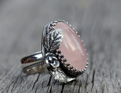 Vintage Women's Pink Gemstone Engraved Leaf Rings for Women Personality Punk Collectible Silver Rings Party Custom Jewelry
