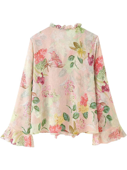 European style new women's fashion versatile temperament flower print layered decorative long sleeve shirt