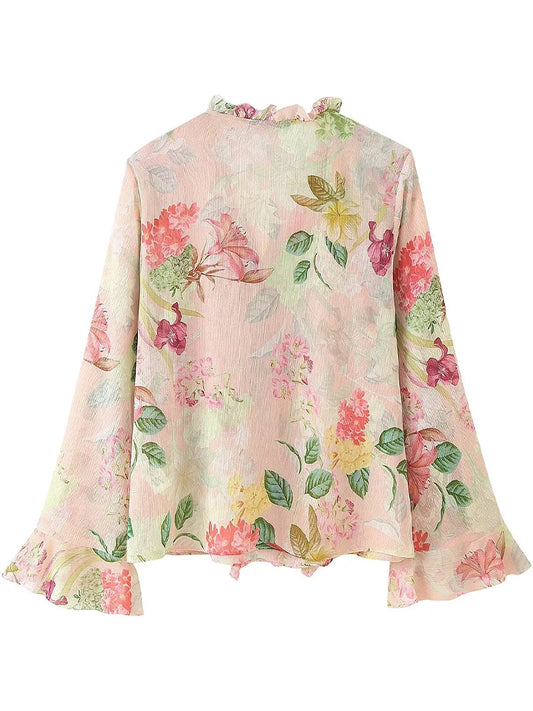 European style new women's fashion versatile temperament flower print layered decorative long sleeve shirt