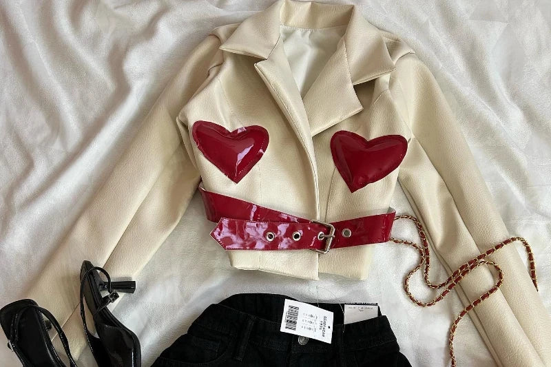 Y2K Women Streetwear Heart Shape Leather Outfit Two Piece Harajuku Gothic Jacket Cropped Denim Patchwork Pleated Mini Skirt Suit - AMULET RING STORE