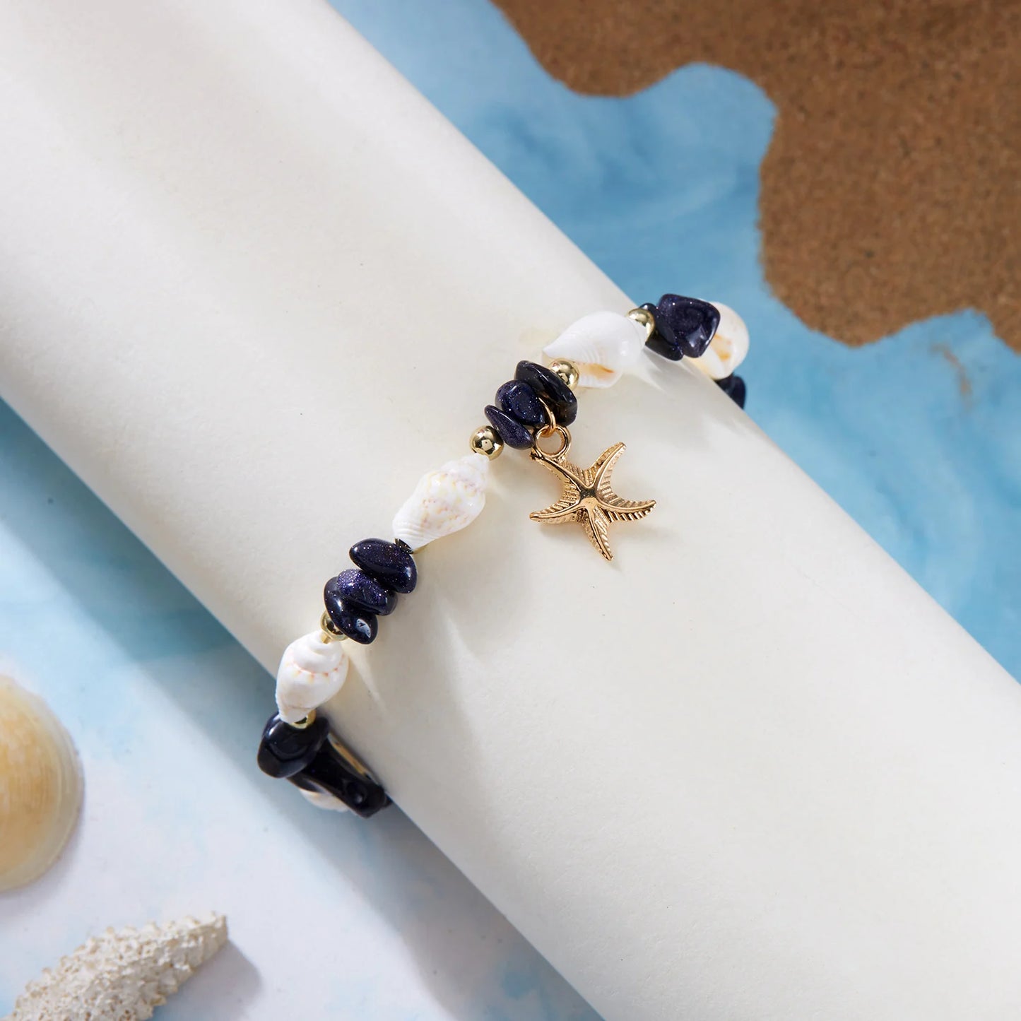 Bohemian Starfish Pendant Bracelet for Women Handmade Crushed Stone Beaded Bracelet Summer Beach Jewelry Travel Accessory Gift
