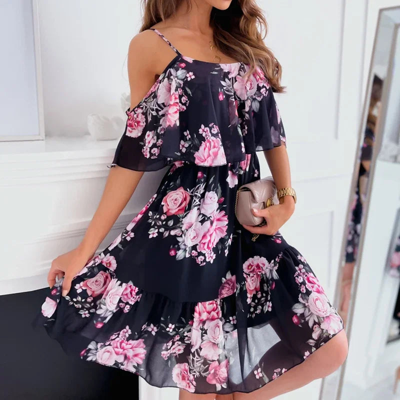 Woman Floral Print Dress Summer Spaghetti Strap Off Shoulder Sleeveless Dresses Holiday A-Line Mesh Fabric Party Dress Vestidos - AMULET RING STORE