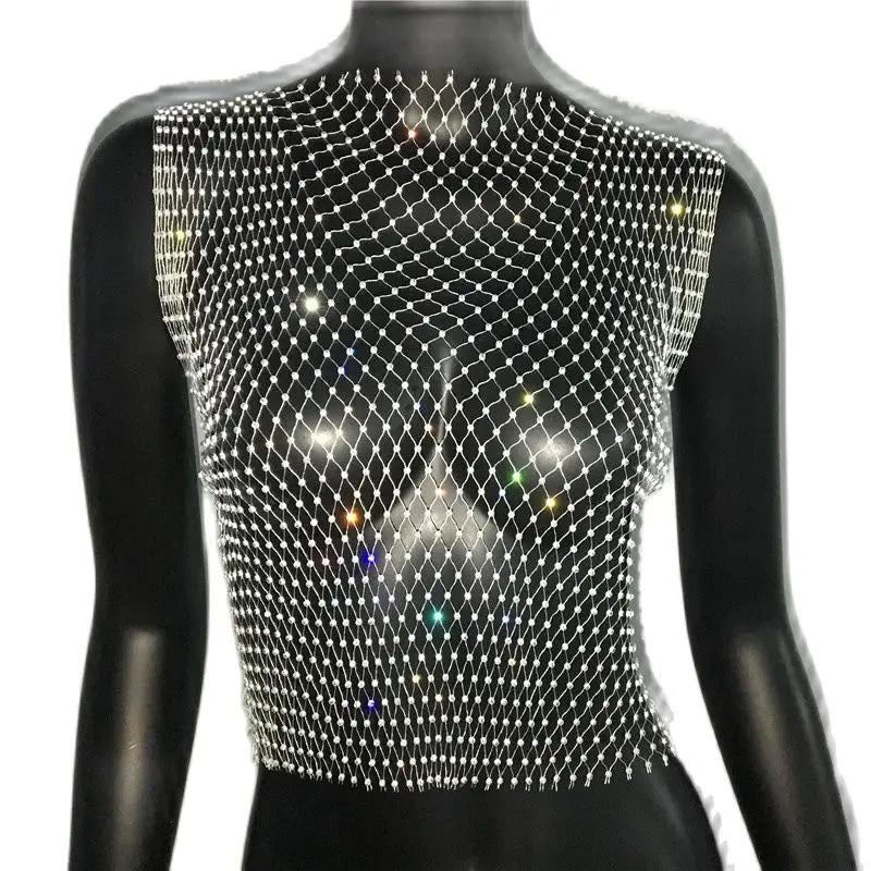 Women's Fishnet Rhinestone Crop Top 2024 Summer Sexy Mesh High Elastic Black White Shirt Net See Through Rave Diamond Tank Top - AMULET RING STORE