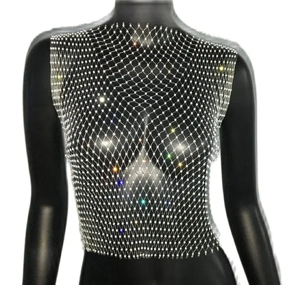 Women's Fishnet Rhinestone Crop Top 2024 Summer Sexy Mesh High Elastic Black White Shirt Net See Through Rave Diamond Tank Top - AMULET RING STORE