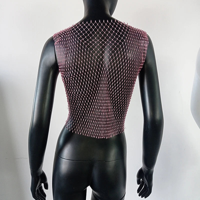 Women's Fishnet Rhinestone Crop Top 2024 Summer Sexy Mesh High Elastic Black White Shirt Net See Through Rave Diamond Tank Top - AMULET RING STORE