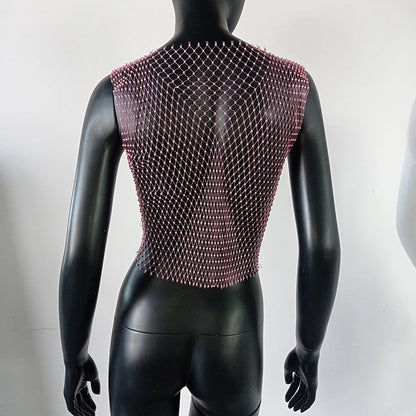 Women's Fishnet Rhinestone Crop Top 2024 Summer Sexy Mesh High Elastic Black White Shirt Net See Through Rave Diamond Tank Top - AMULET RING STORE