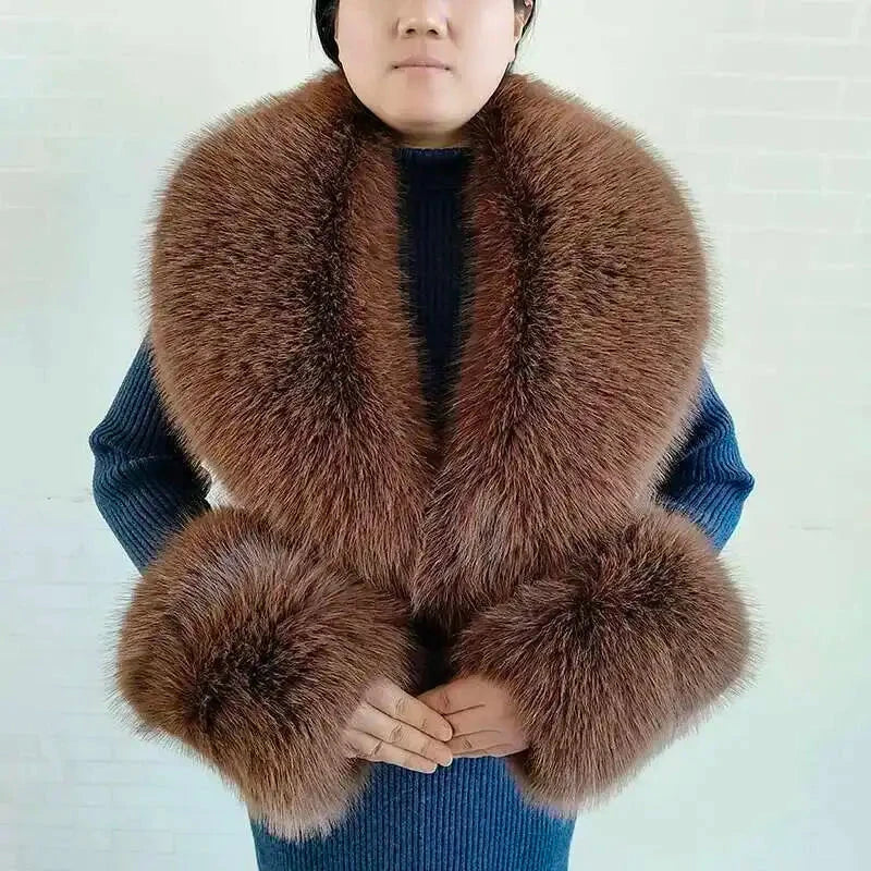 Large Winter Faux Fox Fur Scarf Women Jackets Warm Fluffy Shawl Fashion Artificial Fur Collar And Cuff Set Fluffy Scarves Female
