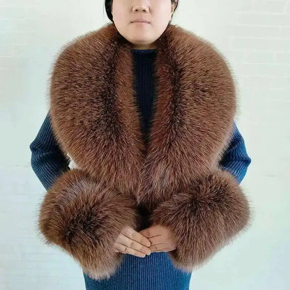Large Winter Faux Fox Fur Scarf Women Jackets Warm Fluffy Shawl Fashion Artificial Fur Collar And Cuff Set Fluffy Scarves Female