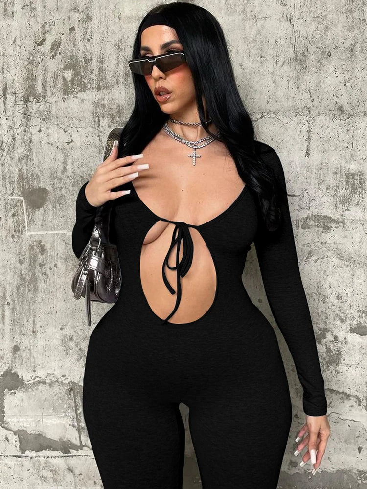 Dulzura Solid Pure Hole Hollow Out Straps Lace-Up Jumpsuit Long Sleeves 2023 Summer Autumn For Women Sexy Streetwear Wholesale - AMULET RING STORE