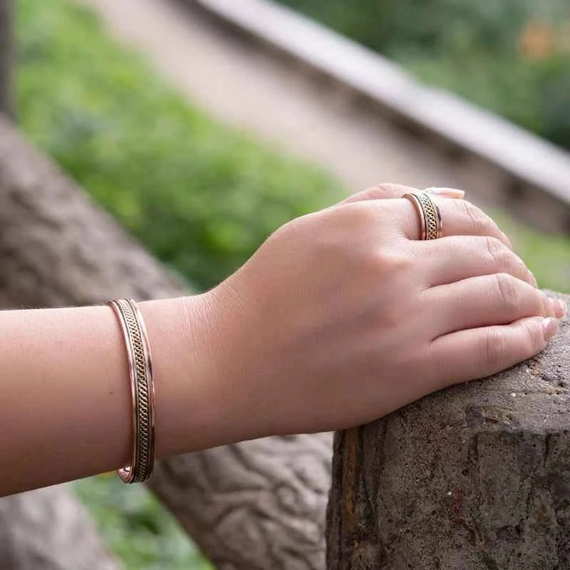 2x Copper Jewelry Set for Women Twisted Open Cuff Bangle Adjustable Copper Magnet Bracelet Ring Arthritis