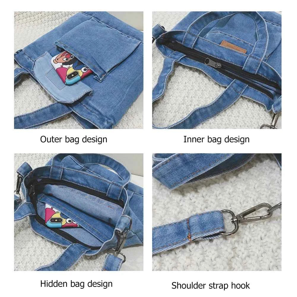 Women Stylish Tote Handbag Denim Shopper Shoulder Handbag Large Capacity Adjustable Straps with Pockets Daily Handbag and Purse