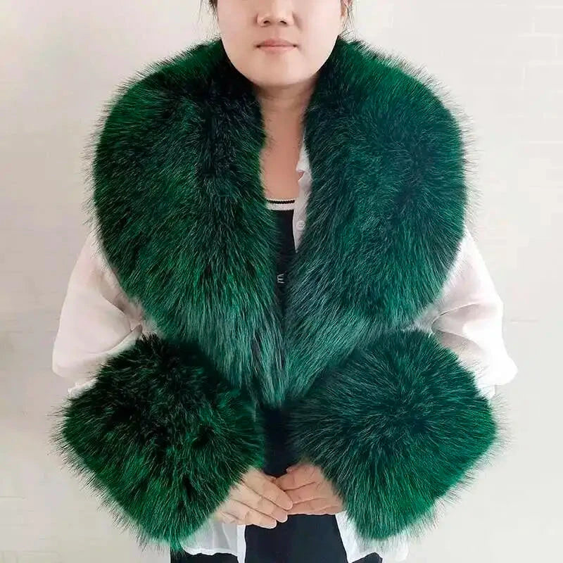 Large Winter Faux Fox Fur Scarf Women Jackets Warm Fluffy Shawl Fashion Artificial Fur Collar And Cuff Set Fluffy Scarves Female