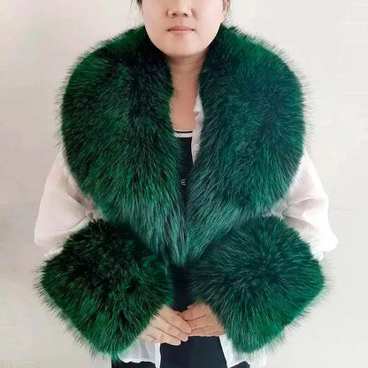 Large Winter Faux Fox Fur Scarf Women Jackets Warm Fluffy Shawl Fashion Artificial Fur Collar And Cuff Set Fluffy Scarves Female