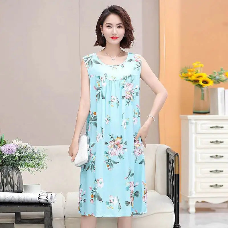 Summer Middle-Aged and Elderly Cotton Silk Nightgowns Pajamas Women's Dresses Large Size Mother's Casual Nightgowns Homewear - AMULET RING STORE