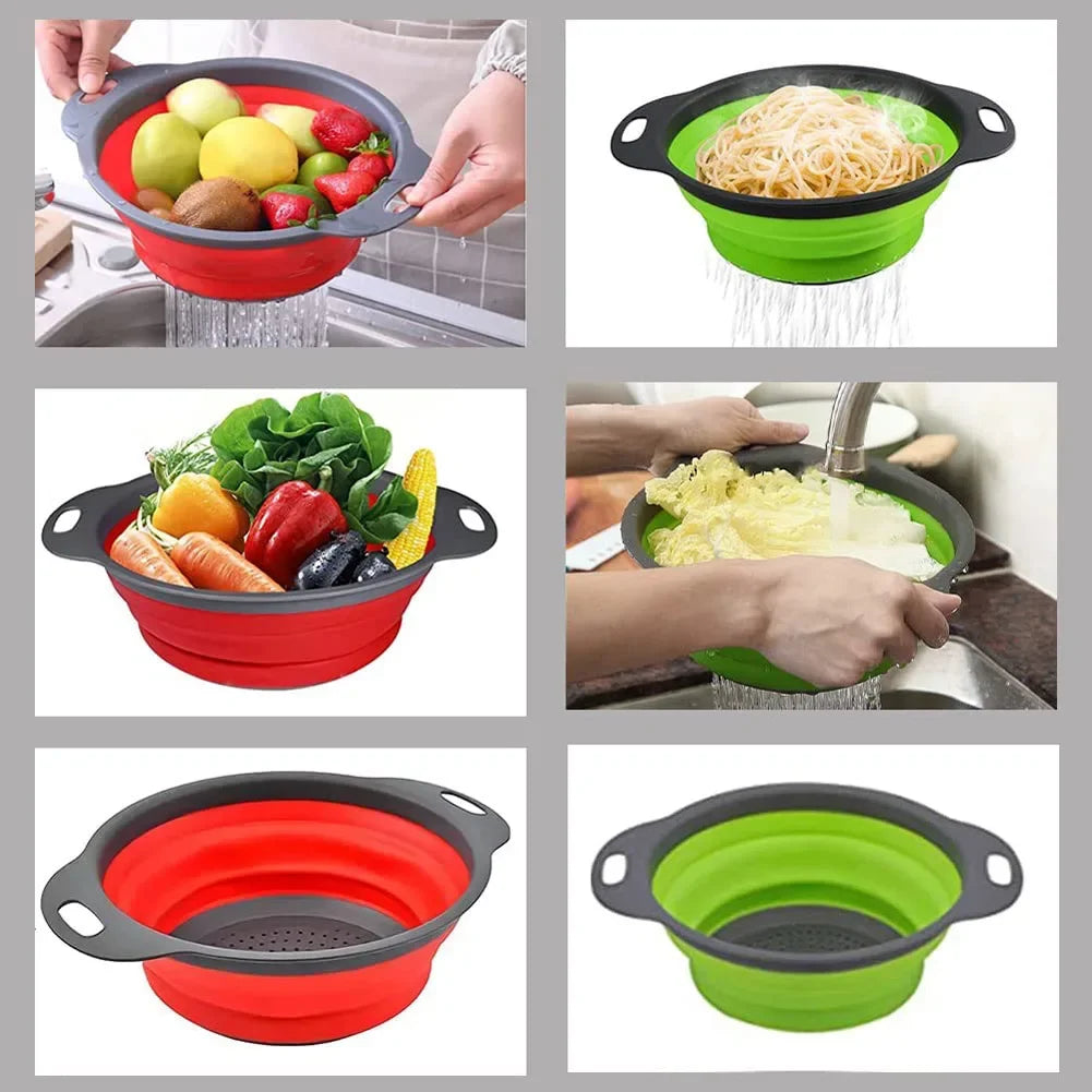 Silicone Round Folding Vegetable Fruits Washing Drain Basket Collapsible Colander Strainer Basket Kitchen Gadgets - AMULET RING STORE