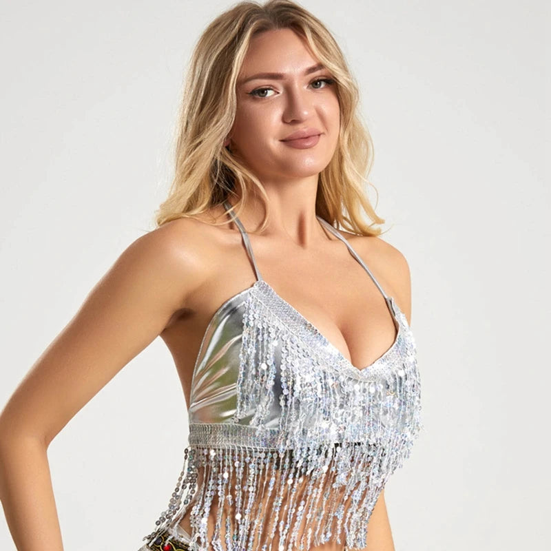 Women Belly Dance Tassel Crop Top Sequin Halter Top Bandage Tank Top Strappy Backless Tube Sleeveless Vest Hot Beach Shinny Top - AMULET RING STORE