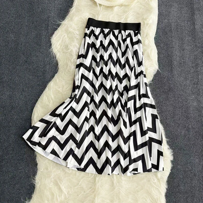 Autumn Skirts Womens New Vintage Floral Print Pleated Skirt Elastic High Waist Casual Midi Skirt Women Clothes Jupe