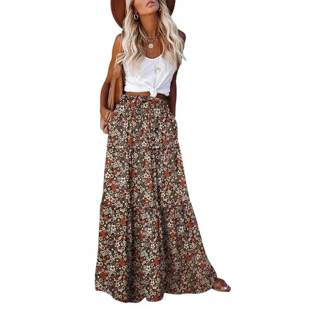 This is a must-have item for the new spring/summer products of 2025! Ladies' Bohemian beach style high waisted A-line printed sk